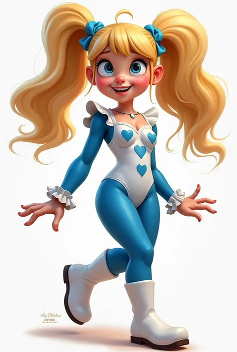 a woman with long blonde hair with bangs tied into two ponytails and blue eyes wearing a long-sleeved blue leotard, ruffles on the collar, white wrestling boots, and a white bodice with blue hearts on both breasts in disney style 