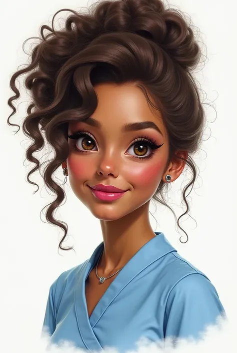  Drawing of a female nurse , with brown skin,  big eyes, curly lashes For oval face. with curly hair,  dark brown raised high. With pink lipstick ,  dressed in light blue uniform 