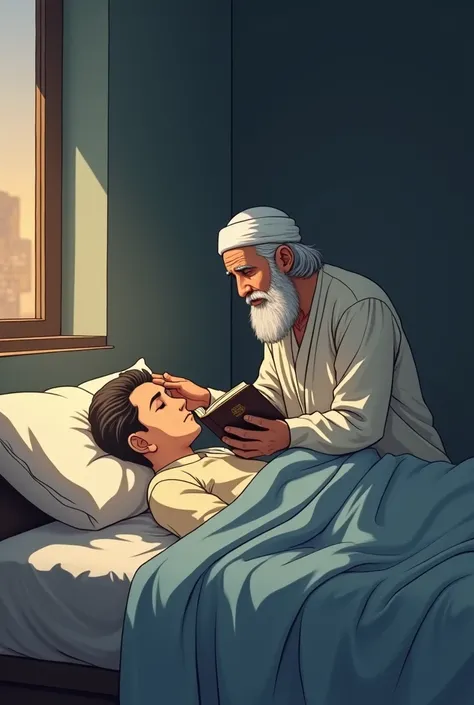 A picture of a young man laying on bed bedridden bedsheet and clothes on top him and an old muslim man wearing those sitting next to him on the bed touching his head kinda if he is touching his forehead like if he has a fever let the old man sitting next h...