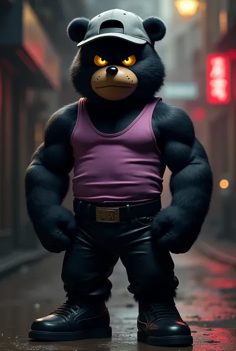 Doraemon: black bear mobster with short black mullet, backwards gray flat cap, yellow eyes, lilac/dark magenta striped tank top, black pants and black sneakers 