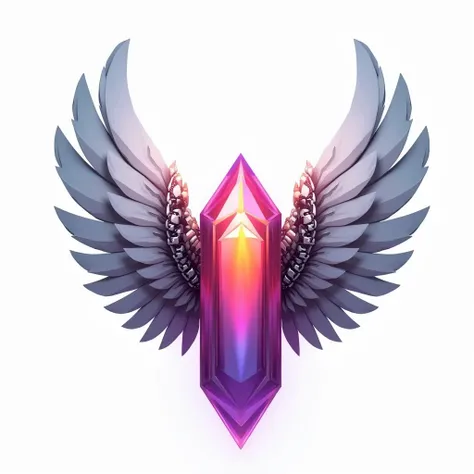 game asset design, game icon design, isolated on white background, a shiny rainbow color cyber crystal，with white Mechanical feathers  protected,mechanical design ingenious, exquisite, elegant,cyber punk game inspiring，insane detials，hyper lighting