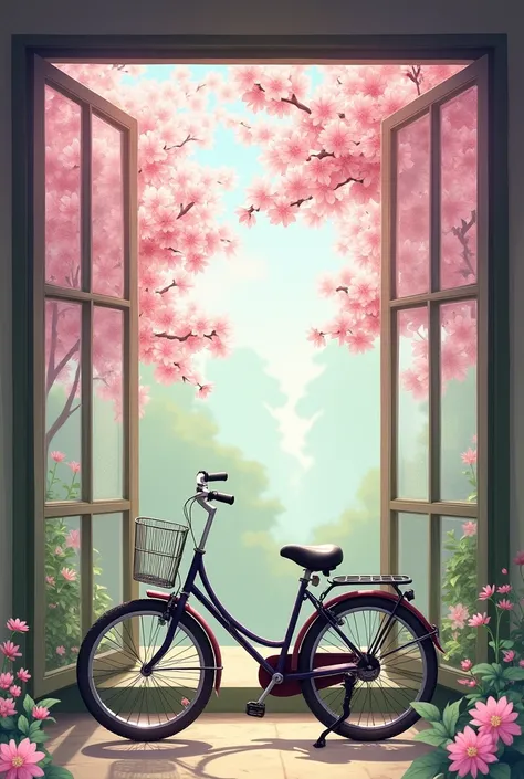 A window with lot of blossom flower and there are a cycle in outside in front of window 