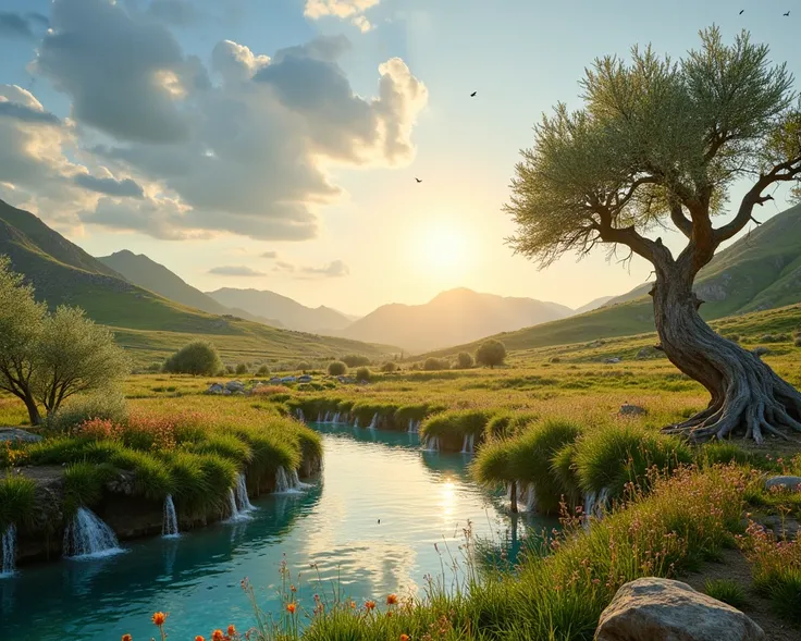 A serene and majestic landscape symbolizing the life and miracles of Prophet Isa (AS) within an Islamic context. The scene features a lush, verdant valley surrounded by rolling hills and distant mountains under a vast, azure sky. A pristine, crystal-clear ...