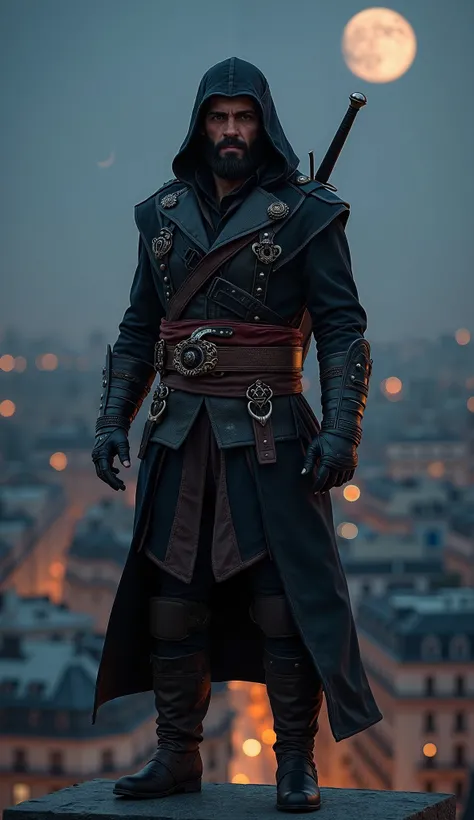 Side View ,  full body,  Standing Pose ,on building , in Paris ,  night , crescent lighting, Game character is  Assassins Creed,   1 male ,  he is American Actor Jared Leto 53-age   , (black long hair ,breads,  Brown Eyes , serious lip ,black see-through  ...