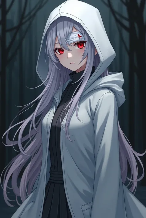 MC from the horror otome-romance game Homicipher. It has an anime art style. She has white hair and red eyes and wearing long white rain coat with hood. Her forehead and one eye are covered with white bandage that has a blood on it. She standing with a hal...