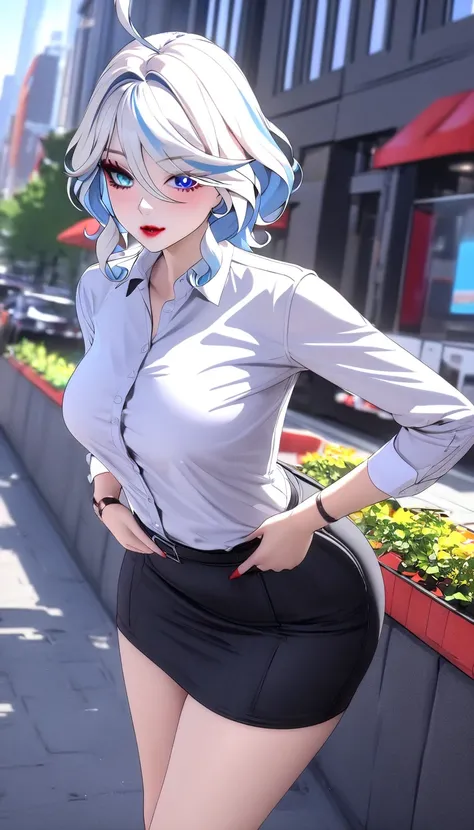 (masterpiece, best quality:1.2), 1 girl, alone , (black_H-line skirt),black skirt, (white_oxford_shirts:1.2),(office look female) ,cowboy shot,(office_background:1.3) , (pantyhose:1.2) , furina (genshin impact), heterochromia, best quality, masterpiece), m...