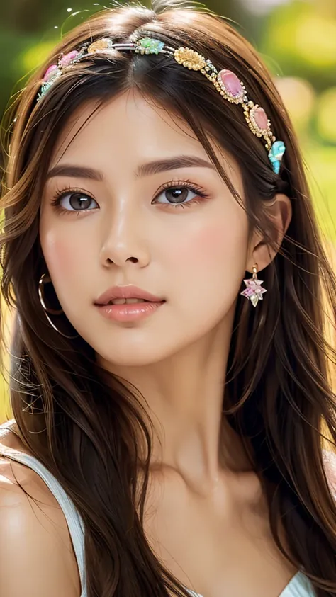 photoRealistic,  lip gloss , painting, Realistic,  best quality ,  ultra high resolution, Depth,  pastel colors , Natural Shading, Eyes Shining,  show viewers, Long Hair,  hair accessories ,  black hair, brown,  detailed eyes on board,  dress