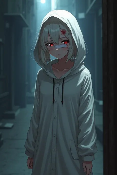 MC from the horror otome-romance game Homicipher. She has a short white hair and red eyes and wearing long white rain coat with hood. Her forehead and one eye are covered with white bandage that has a blood on it. She standing with a half turned body and l...