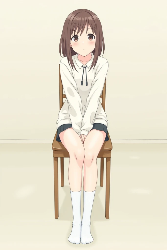 Fille, assise sur une chaise, Les jambes croisées, chaussettes blanches. cheveux brun, Cheveux Courts. En manga 