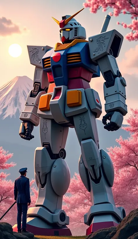 A giant robot, adorned with a Japanese flag on its chest, stands in front of Mount Fuji with cherry blossoms in the foreground. The robot has sleek, samurai-inspired armor with intricate engravings. Next to it, a Japanese military officer in a traditional ...