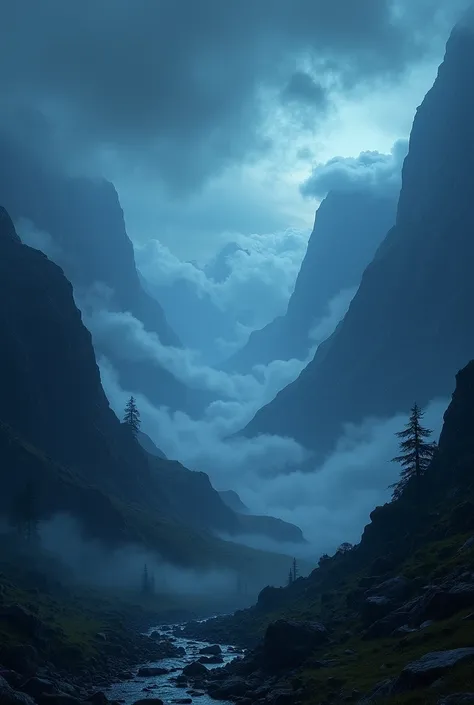 2. Relaxation visual: A dark, eerie mountain valley at night with faint, swirling clouds and a cold, blue hue. Text: "Relax, take a deep breath, and step into the unknown."
