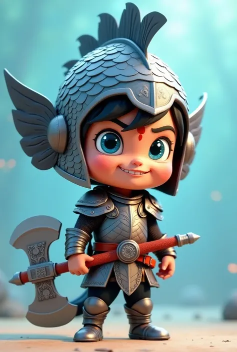 disney pixar 3d art style. Cute Boy Character:
Expressive face with bright blue eyes, arched eyebrows, and a small nose.
A red tilak on the forehead adds cultural charm.
Upward swooped glossy black hair with playful energy.
The shape of fish  helmet made b...