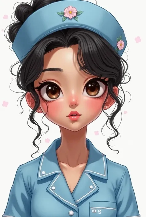  Drawing of a female nurse , with brown skin,  medium dark brown eyes,  curly lashes Oval-faced. with curly hair, black tied up in a high bun . With pink lipstick ,  dressed in light blue uniform . With light blue cap with flowers .  without showing teeth ...