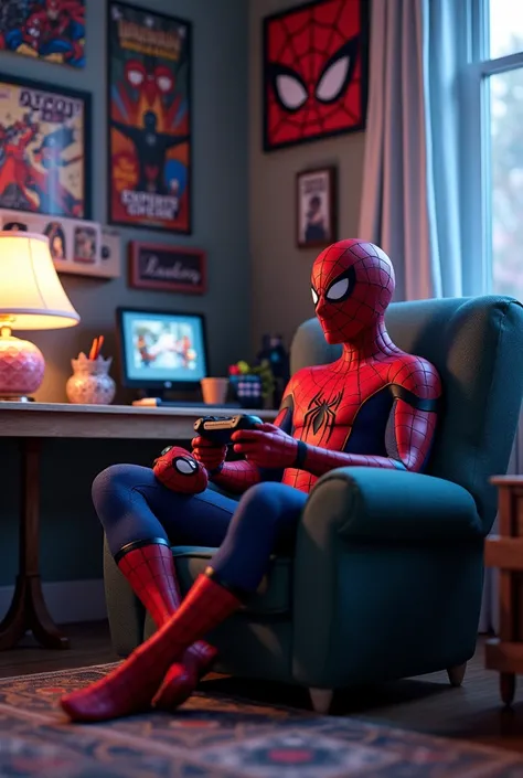 in the center of the image, HQ Marvel, Spider-Man playing video games in his room, Ultra HD quality, best quality, high quality, realistic quality, sharp, ultra-realistic and realistic, best quality, Spider-Man bedroom setup