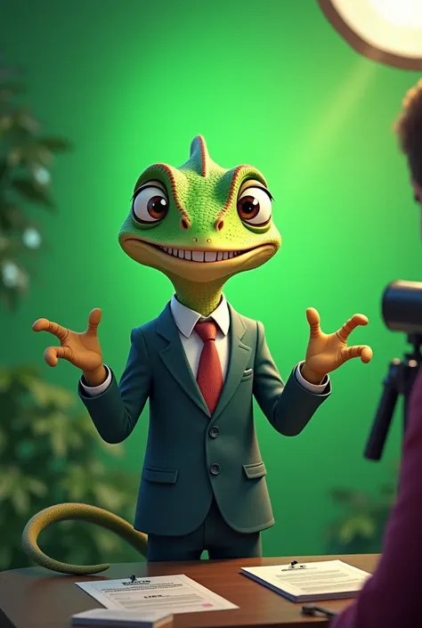 A cartoon chameleon wearing a suit giving an interview with a green background