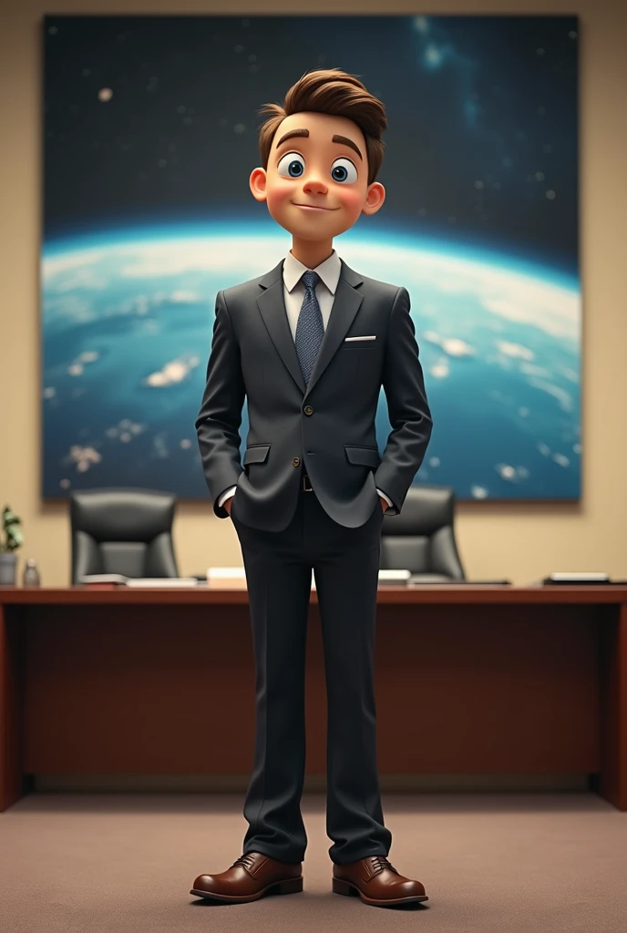  Full-length man in the style of Grew from the cartoon  "despicable Me" Stands in the office, looking at the camera and holding his hand in his pocket .  Behind him, there is a large painting on the wall overlooking the earth from space and a massive table...