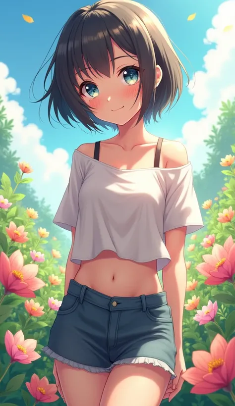 Anime Images、 Japanese girl、 very cute 、Short hairstyle、 miniskirt、Flower field background