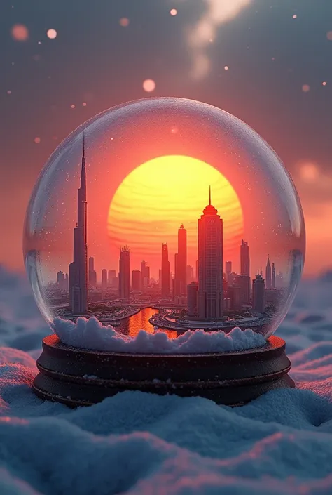 The scenery inside the snow globe has the Gulf city in the background、A huge sunset floats in a low position