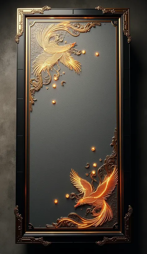 Direct top view of  A digital Mahjong rectangular shape table with a smoke-gray velvet surface embossed with glowing phoenix silhouettes, bordered by metallic black frames with golden accents for a futuristic Japanese design. show close view of table surfa...