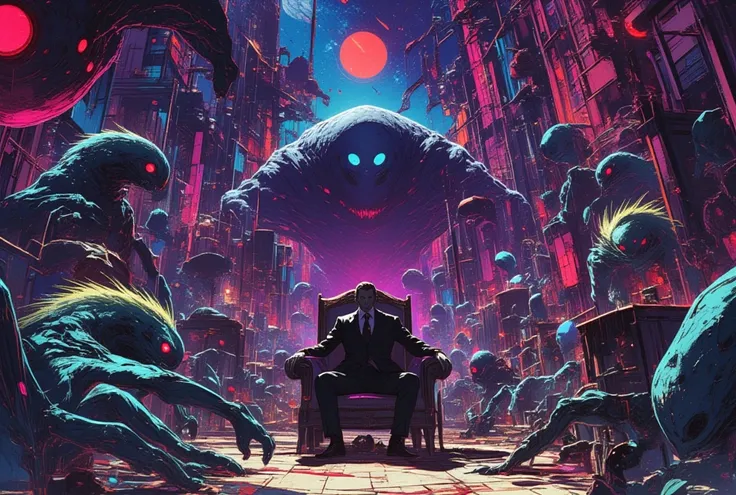  There are lots of monsters in this image、Lovecraft illustrations、Lovecraft background 、 Colourful terrifying detailed art 、 Space horror illustration 、 Poison and Courtoff mix 、 Man in a suit sitting on a chair in the center 、anime, 