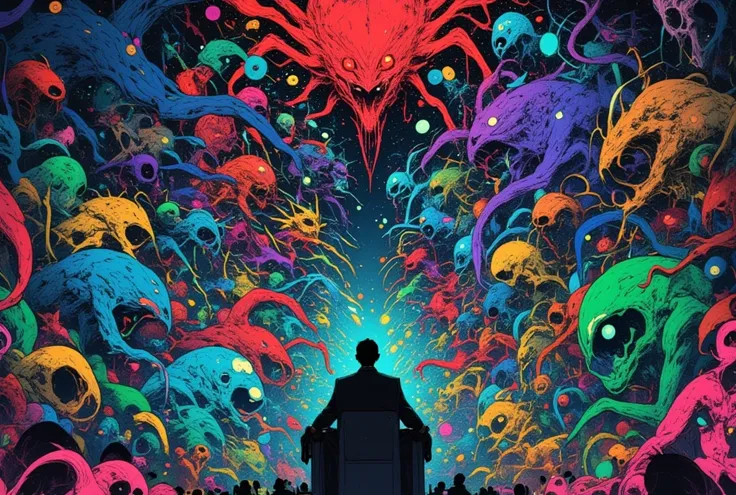  There are lots of monsters in this image、Lovecraft illustrations、Lovecraft background 、 Colourful terrifying detailed art 、 Space horror illustration 、 Poison and Courtoff mix 、 Man in a suit sitting on a chair in the center 、anime, 