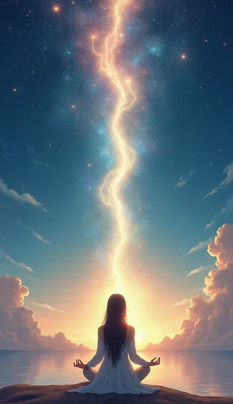 "A calm and spiritual illustration, showing a cosmic scene where each souls life path appears as a line of light, stretching across the vast universe. Each line of light is unique and untouched, conveying the sacredness of freedom of choice and the souls p...