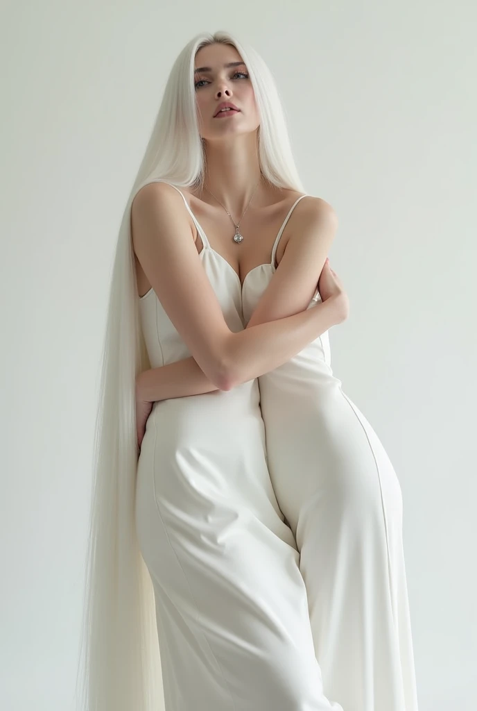 3 different views of a 3 woman with long ,art deco and cubism style, straight white hair slicked back,| I want her without eyebrows in a very alternative setting,wearing a white silk dress,She gives a pose like She is hugging herself,| She will look up and...