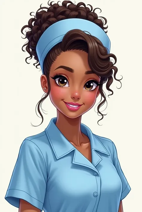  Drawing of a female nurse , with brown skin, dark brown eyes,  curly lashes Oval-faced. with curly hair, black tied up in a high bun . With pink lipstick ,  dressed in light blue uniform . With light blue cap . 