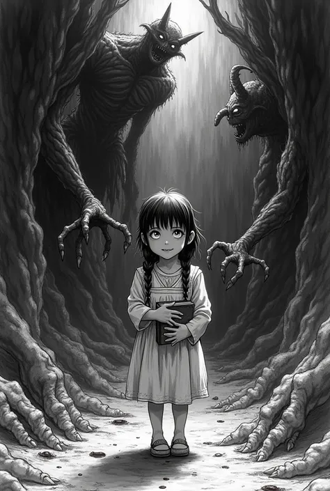 "Nostalgic black and white illustration，THE TERRIFYING ATMOSPHERE OF JUNJI ITOS WORKS，Horror horror，Spooky and terrifying，Weird twist，darkly，contortion，dreads，bblurry，Paint brush strokes，Dense lines，Frightened face，Twisted body，Bloody details，Horror scenes...