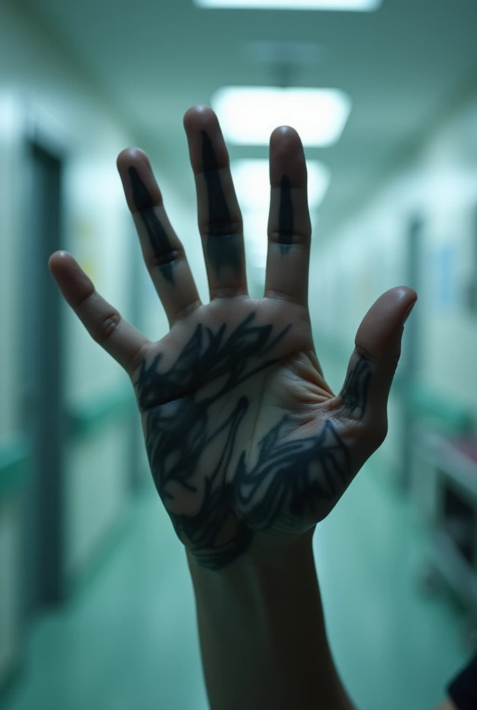 I want you to create an image with specific details. First, the image should only feature a hand making the OK sign. It should not have the word OK written anywhere. The hand is in a hospital room, and it belongs to Jungkook. The hand has smoky black tatto...