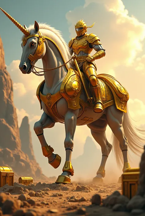 A warrior unicorn in gold armor who drives a mechanical shovel surrounded by gold chests
