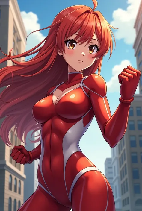 My Hero Academia Style , Anime girl, female, young female ,Full Body Shot,(fighting stance:1.3),Long hair, Red Hair,  Brown Eyes,Hero Suit, Full Body Suit, red suit with white details, perfect anatomy,  （Well-trained abdominal muscles）,（trained Biceps）,sup...