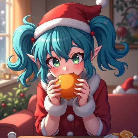 jinx from arcane with christamas hat eating tangerine 