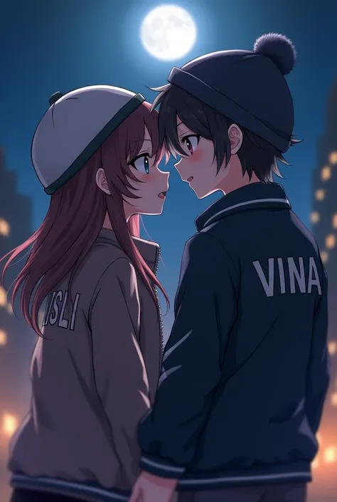 A Couple Anime, Girl and Boy, Making Out, Wearing Jackets and Hats, Facing Forward, The Front of the Jacket Has Writing, For the Guys Jacket "MUSLI", For the Girls Jacket, "VINA", HD Quality, Bokeh, Night Under the Moon.