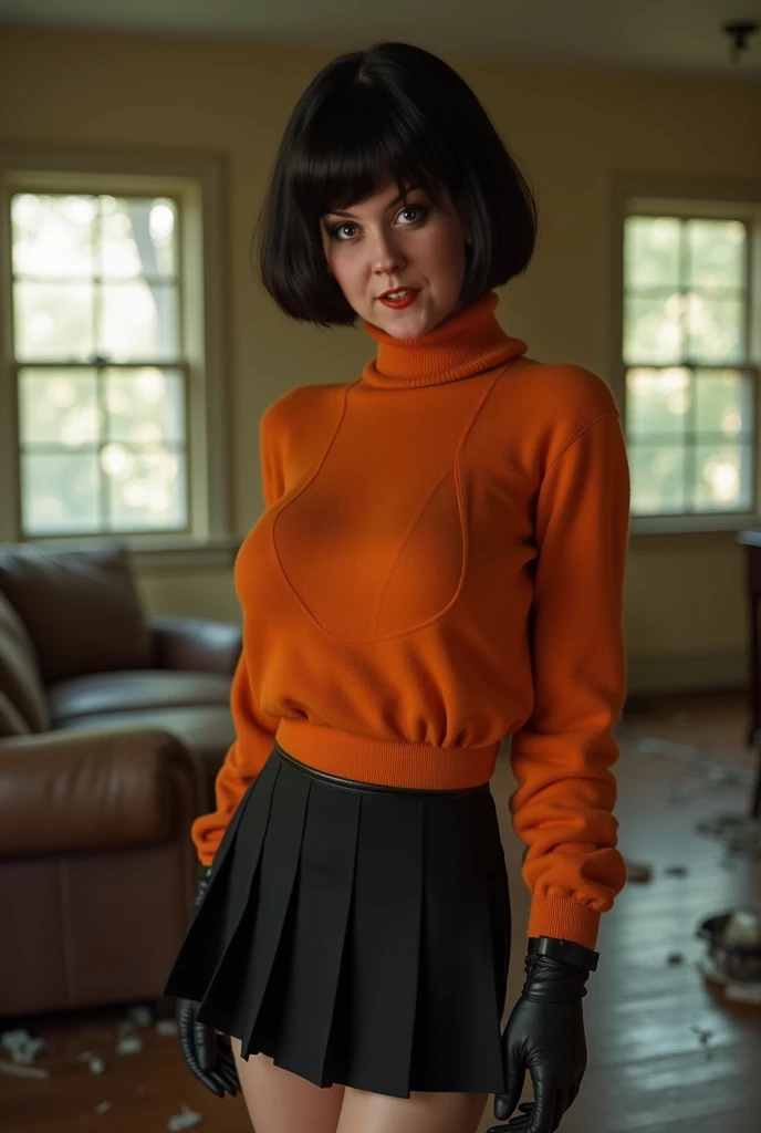 Big breasts,huge breasts,gigantic breasts,photo of Velma Dinkley, beautiful detailed eyes, beautiful detailed lips, extremely detailed face, long eyelashes, wearing glasses (flirting), (((large orange turtle neck sweater:1.3))), (((black pleated mini skirt...