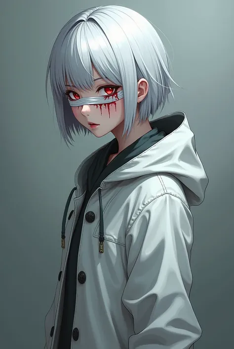 MC from the horror otome-romance game Homicipher. She has a short white hair and red eyes and wearing long white rain coat with hood. Her all forehead and one eye are covered with white bandage that has a blood on it. She standing with a half turned body a...