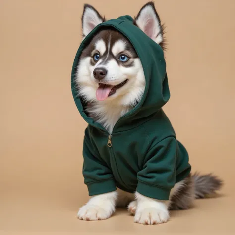 a stylish husky dog with blue eyes, fluffy, wearing a comfy dark green hoodie sitting on a beige surface, wearing a dark green hoodie, husky dog design, cute dog, casual clothing, cutest, a dog, very realistic, wearing fitted hoodie, happy, cheeky, stylish...