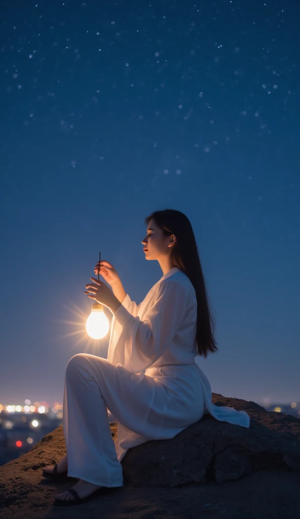 A so beautiful sexy woman sitting on top of a rock under a sky filled with stars, art station trends, closing eyes, inspired by Yang Weizhen, outline glow lens flare, a womans profile, casting a magic spell, promotional render, girl under lantern, girl in ...