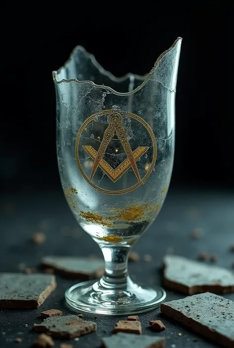 Broken cracked masonic glass cup 
