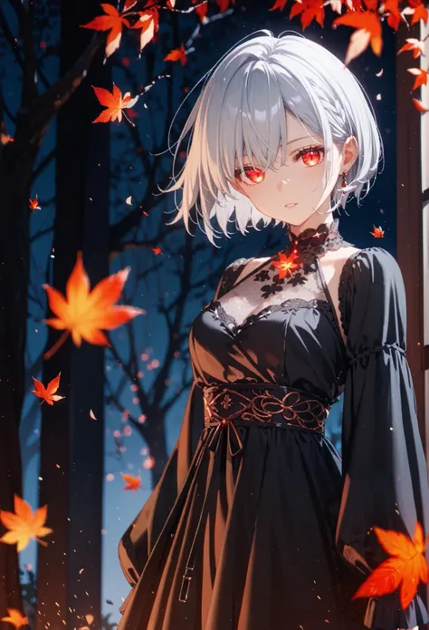 cinematic lighting,1girl, Alone,silver hair, red glowing eyes, short hair, dress,sleeves,dark fantasy, Its a dark room.,black lacy dress,autumn leaves tree-lined avenue