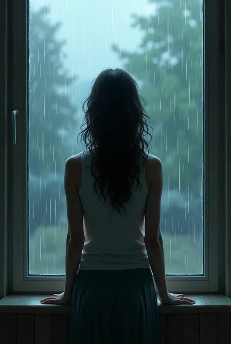  A woman with her back looking through a window in front of her, contemplating the rain .