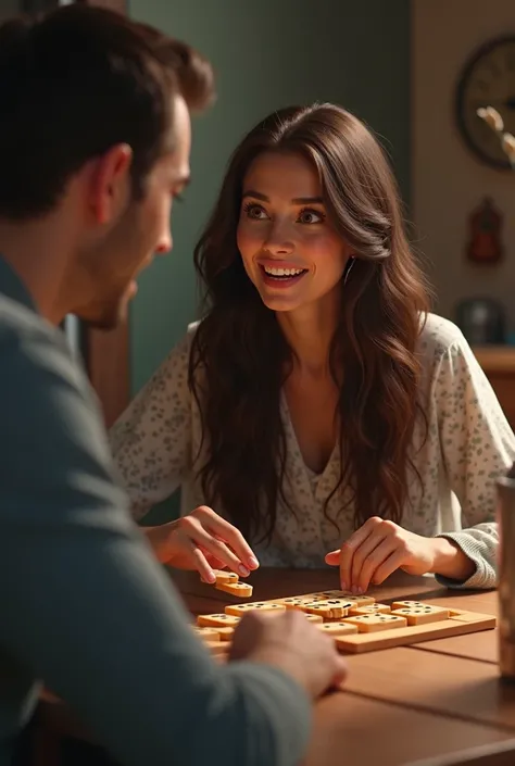 Brunette Woman explaining to a person on her left side while playing domino