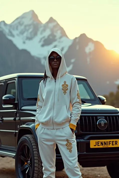 A Tanzanian young woman standing next to a luxurious black SUV resembling a Cadillac Escalade in a snowy mountain landscape during sunrise. The SUV features a bold front grille, rugged tires, and a sleek design. The young woman is wearing a stylish white t...