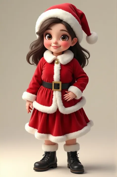  Round faced brunette woman with big eyes,  black hair, dressed as Santa Claus 