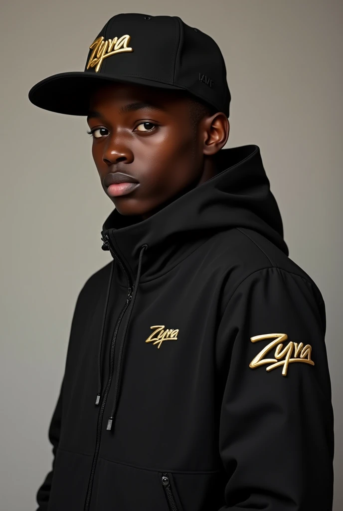 Create a full-page image of a young Rwandan model with dark skin, wearing a stylish black outfit that includes a custom black hip-hop jacket and black hip-hop hat. The Zyra logo should be prominently displayed in gold on both the jacket and hat. The model ...