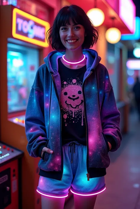 mature female aged 35, short black hair, vibrant and smiling, standing outside a retro video arcade shop. Captured in neon street photography, she wears LED converse shoes, a casual neon t-shirt, wearing hooded cloak Vibrant astral colors with glow effect....