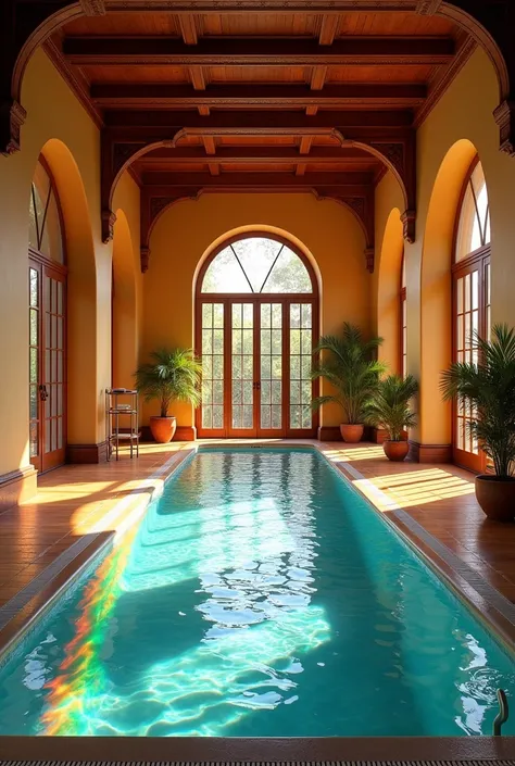 "Create a luxurious indoor swimming pool scene with a warm and vibrant aesthetic. The pool should feature a long, rectangular shape with shimmering water that reflects a rainbow gradient effect, creating a colorful and magical appearance. Surround the pool...