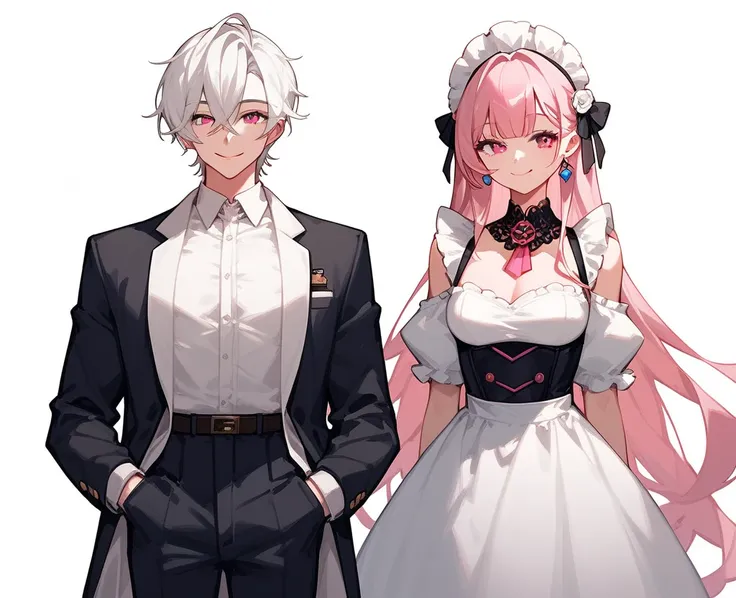 White background, girl1, beautiful pink eyes, longs whiten hair (wearing elegant royal maid clothes) , kawai, Tall body, mouth closed, empty background, white background, vtuber design vtuber, Hands in pockets said, grnHands under the Hoodie smile.