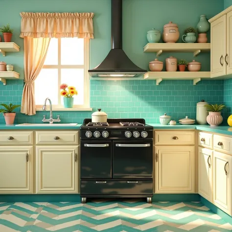 Create a retro-style kitchen with cream cabinets, turquoise accents, and a glossy black stove as the centerpiece. Include a zigzag-patterned floor, ruffled curtains, and pastel ceramic canisters. Use natural light to enhance the soft and vintage atmosphere...