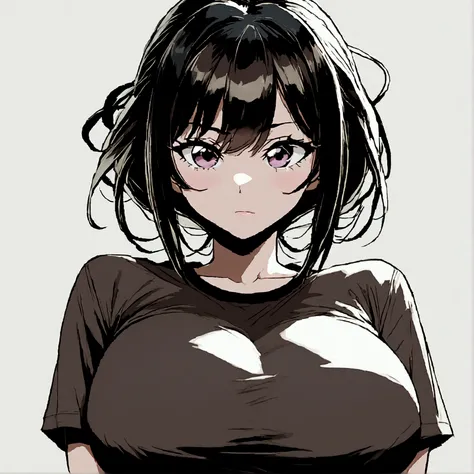 Anime photo of a woman with dark hair, big boobs, wearing a round neck, wearing a T-shirt, black shorts, with beautiful legs holding a big bra.